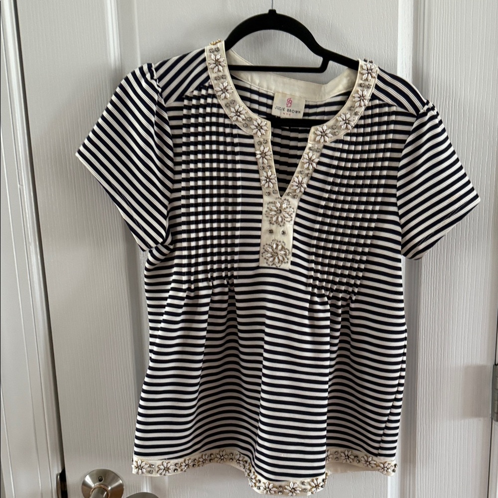 JB by Julie Brown Navy and White Striped Blouse with Embroidery